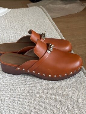 Hermes Tan Leather Studded Clog Mules with Silver Hardware